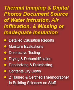 Thermal Imaging & Digital Photos Document Source of Water Intrusion, Air Infiltration, & Missing or Inadequate Insulation: Detailed Causation Reports; Moisture Evaluations; Destructive Testing; Drying & Dehumidification; Deodorizing & Disinfecting; Contents Dry Down; 2 Trained & Certified Thermographer in Building Sciences on Staff